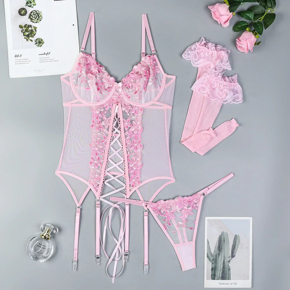 Embroidered Split Sexy Suspenders Underwear Overall Dress Suit Stockings Three-piece Set - DanaFashionstore