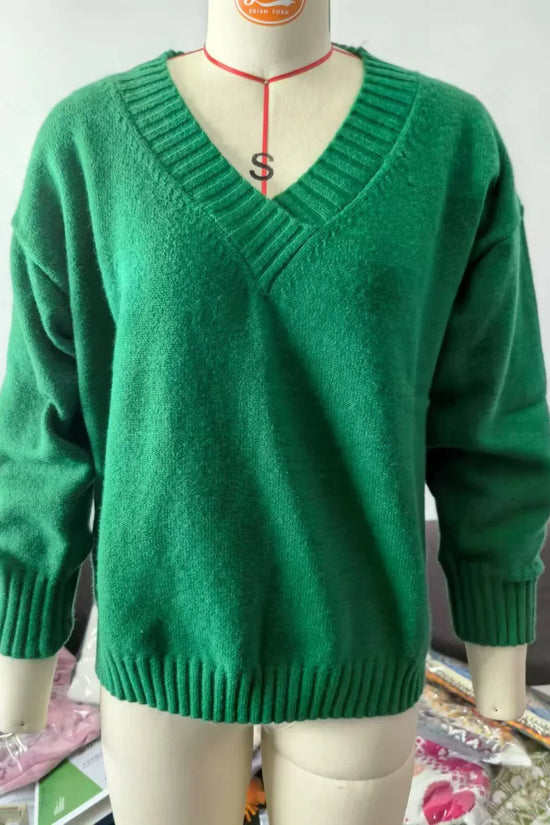 Solid V-neck Sweater Fashion Loose Long-sleeved Knitted Tops Autumn And Winter Women's Clothing - DanaFashionstore