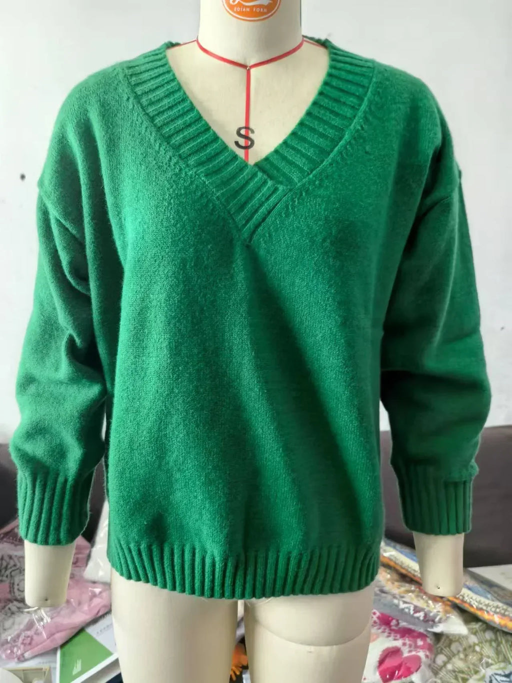 Solid V-neck Sweater Fashion Loose Long-sleeved Knitted Tops Autumn And Winter Women's Clothing - DanaFashionstore