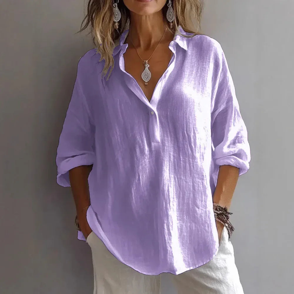 Fashion Long-sleeved Lapel Pullover Shirt Casual Loose Solid Color T-shirt Tops Women's Clothing - DanaFashionstore
