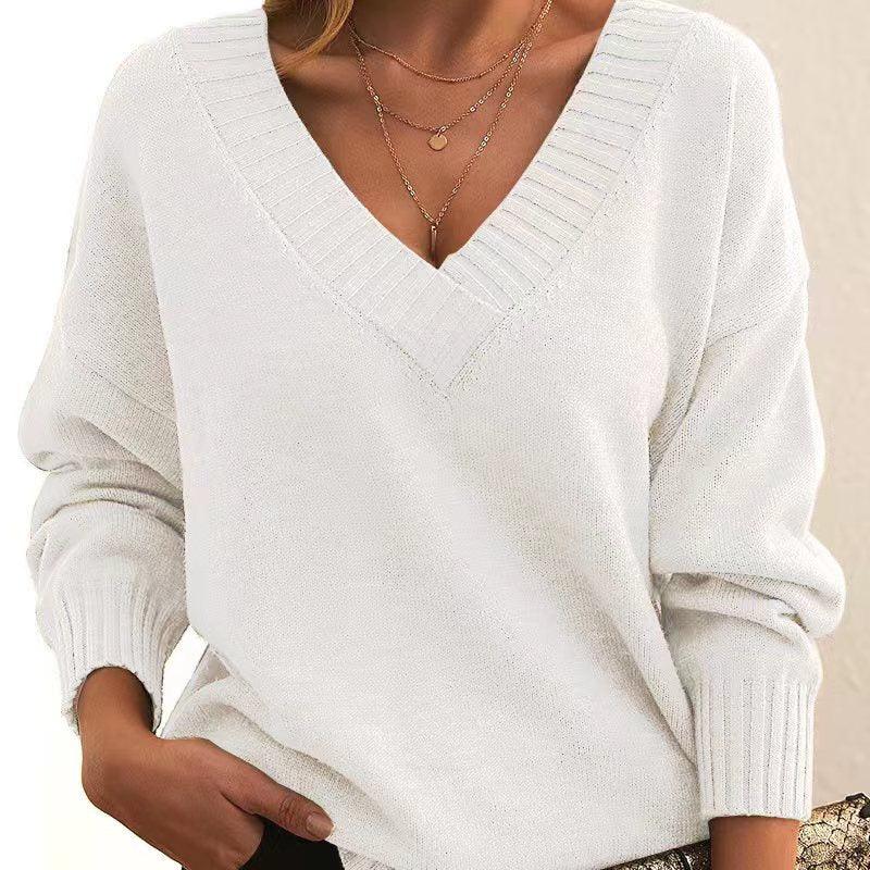 Solid V-neck Sweater Fashion Loose Long-sleeved Knitted Tops Autumn And Winter Women's Clothing - DanaFashionstore