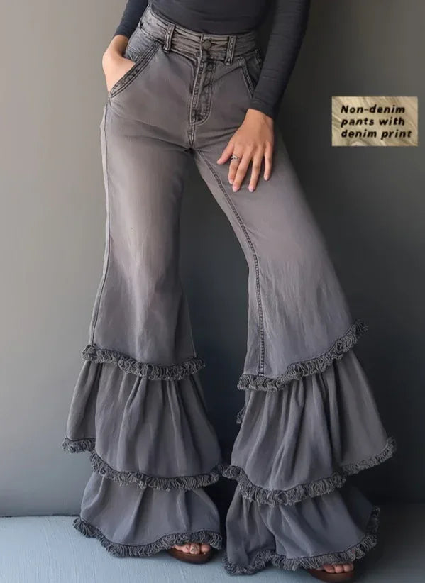 Denim-like Printed Multi-layer Ruffled Flared Pants - DanaFashionstore