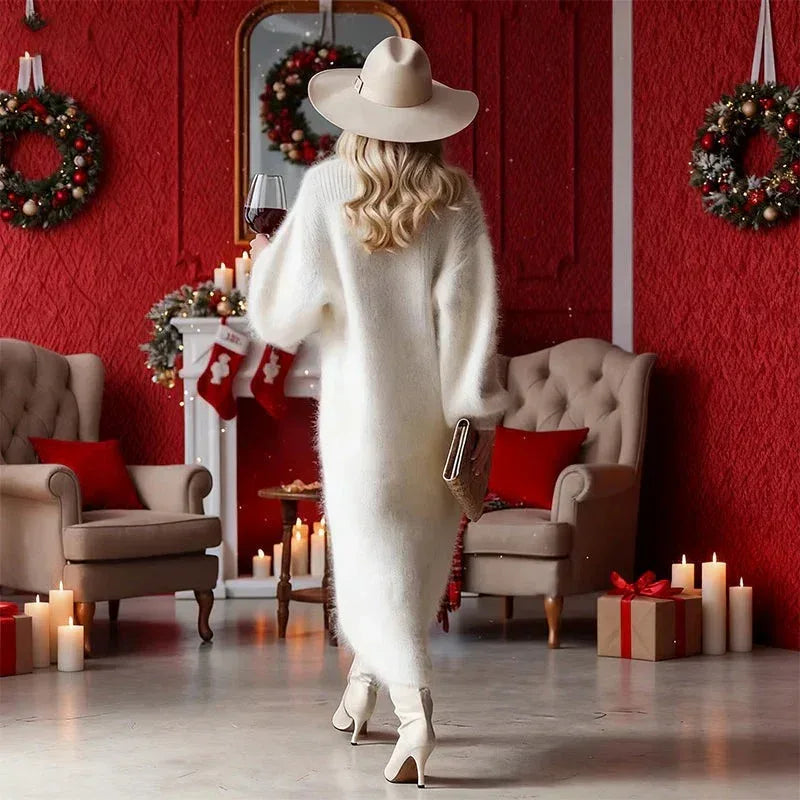 Chic Split Knitted Dress With Buttons Design Winter V-Neck Fleece Maxi Dresses Evening Party Club Fashion Women's Clothing - DanaFashionstore