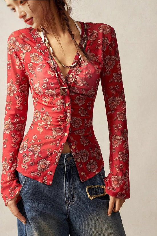European And American Printed Shirt Women's Slim Fit Slimming Retro Temperament