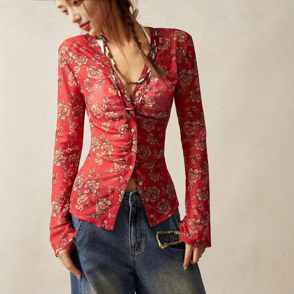 European And American Printed Shirt Women's Slim Fit Slimming Retro Temperament - DanaFashionstore