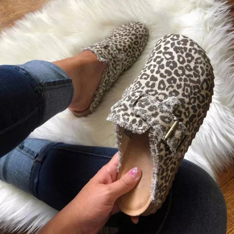 Independent Station Cross-border Oversized Shoes Women's Spring And Autumn European And American New Leopard Print Semi Slippers Shoes Lazy Shoes Peas Shoes - DanaFashionstore