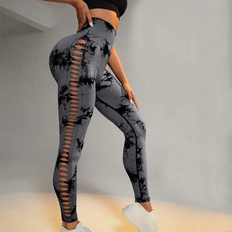 Hollow Tie Dye Printed Yoga Pants High Waist Butt Lift Seamless Sports Gym Fitness Leggings Slim Pants For Women Tight Trousers - DanaFashionstore