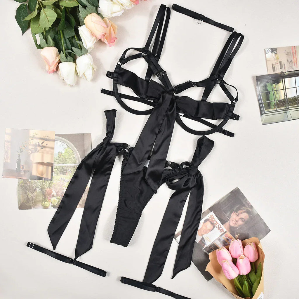 Satin Sexy Leg Ring Strap Lingerie 2026 - 4-Piece Intimate Set - DanaFashionstore