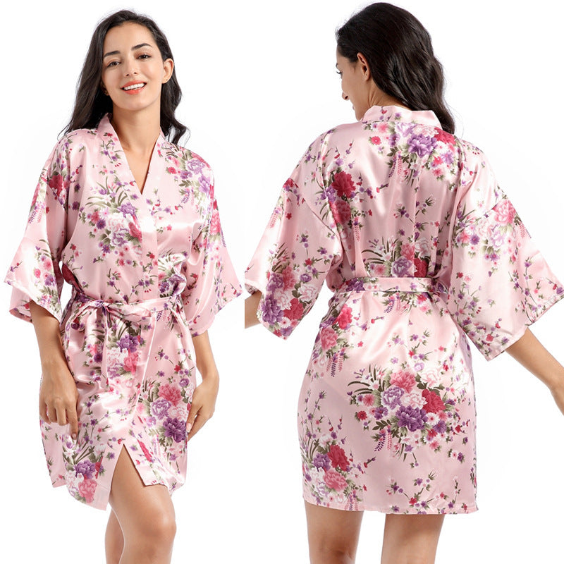Home Short Cardigan Nightgown Plus Size Loose Silk Printing Morning Gowns - Dana Fashion