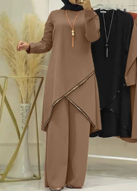 O-collar Long Sleeve Shirt Wide Leg Pants Suit Casual Women's Suit