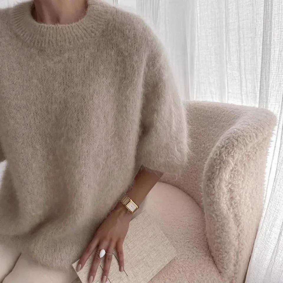 Womens Casual Solid-color Loose-fitting Cozy Plush Long-sleeve Sweater - DanaFashionstore