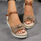 New Thick-soled Bow Sandals Summer Fashion Casual Linen Buckle Wedges Shoes For Women - DanaFashionstore