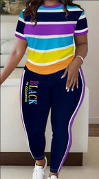 Women Fashionable Colorful Stripe Print T-Shirt And Pants Casual Set - DanaFashionstore