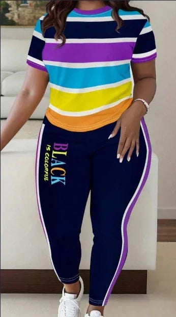 Women Fashionable Colorful Stripe Print T-Shirt And Pants Casual Set - DanaFashionstore