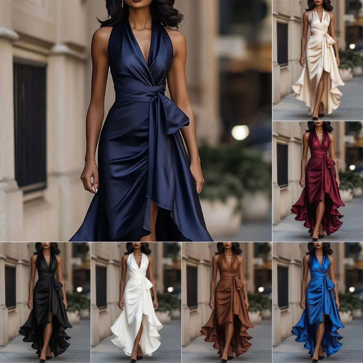 Elegant Deep V-neck Irregular Women's Ruffled Ruffled Evening Dress Gowns Solid Color Lace-up High Waist Satin Party Dresses Wedding Guests Dress - DanaFashionstore