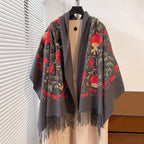 Contrast Color Pomegranate Leaf Embroidered Double-sided Shawl - DanaFashionstore