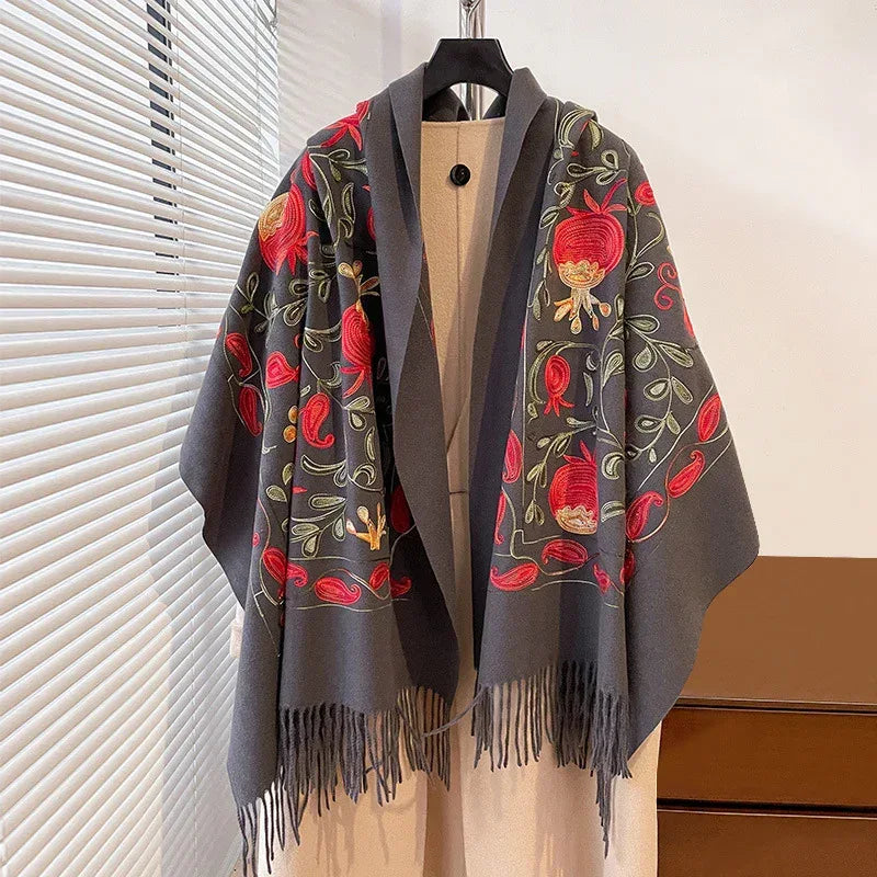 Contrast Color Pomegranate Leaf Embroidered Double-sided Shawl - DanaFashionstore