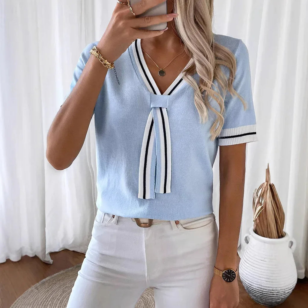 Women's Contrast Color V-neck Short Top Sweater - DanaFashionstore