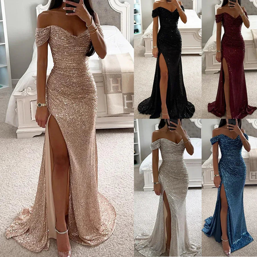 Party Sequins Off-neck Split Dress INS Casual Fashion Dress Women Charming Slimming Dress For Women - DanaFashionstore