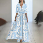 Printed Long Sleeved V-neck Patchwork Dress