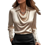 Women's Swing Collar Draped Shirts & Blouses Elegant Solid Satin Office Ladies Top Pullover Spring Long Sleeve Casual Tops - DanaFashionstore