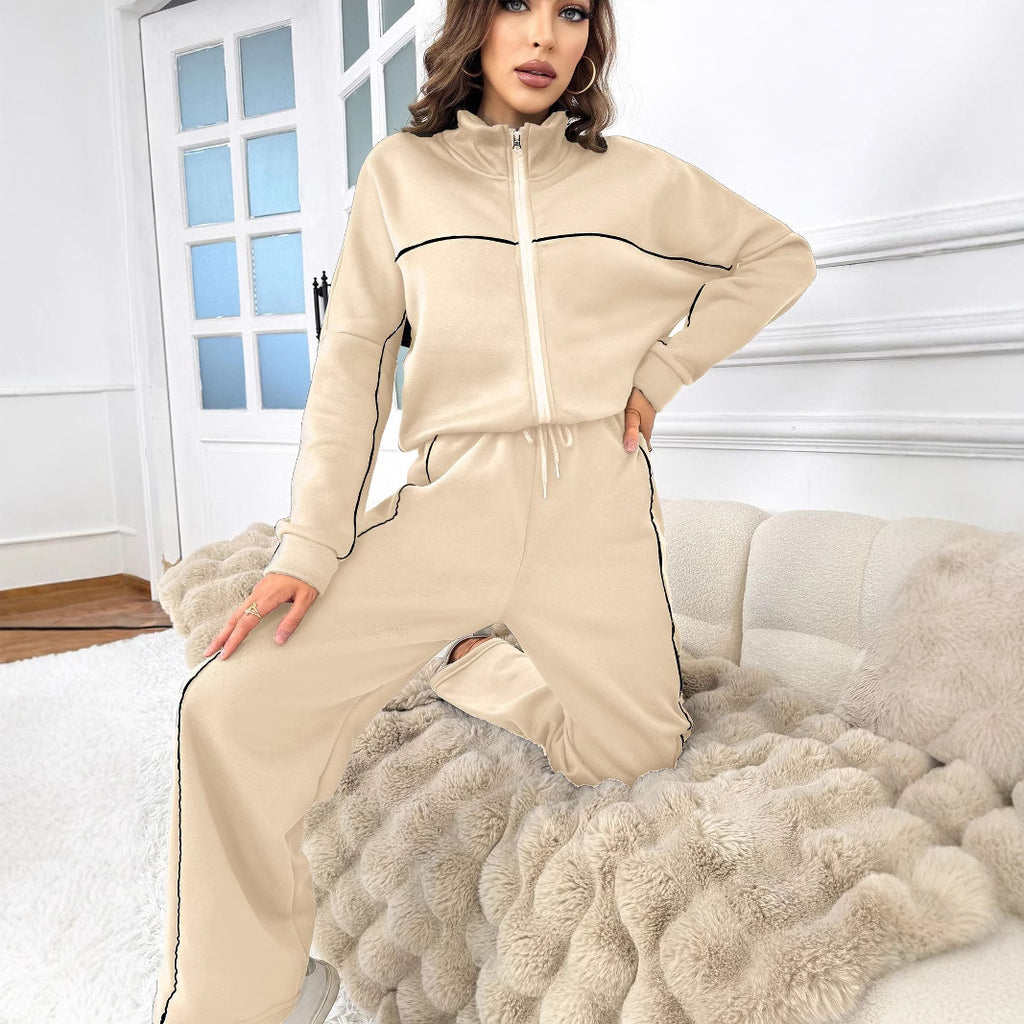 Women's Casual Long-sleeved Half Turtleneck Cardigan Sweater Lace-up Striped Trousers