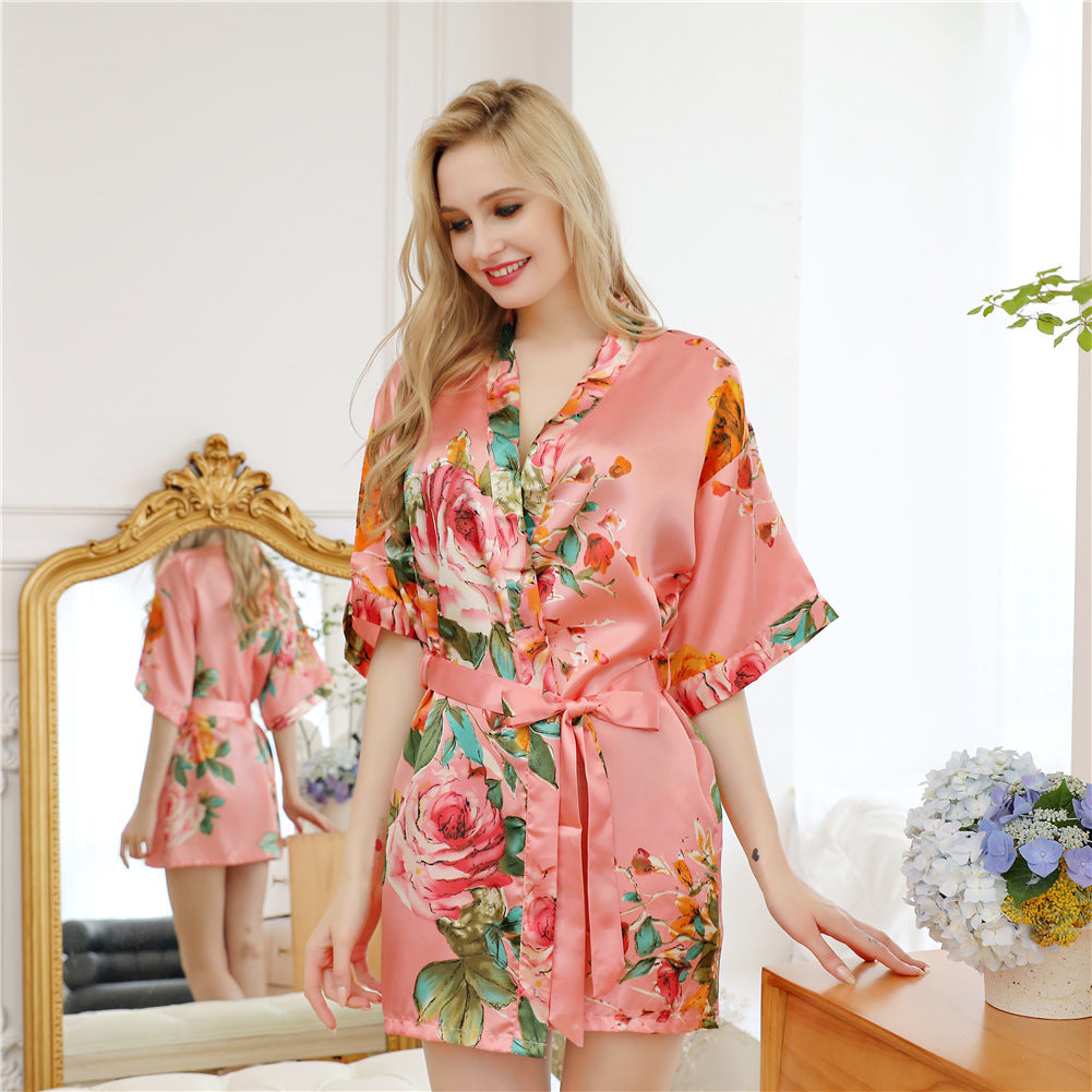 Hand-painted peony simulation silk nightgown - Dana Fashion