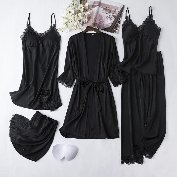 Ice Silk Sexy Slip Nightdress Silk Satin Nightgown With Chest Pad Five-piece Suit Homewear - Dana Fashion