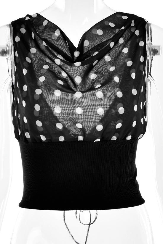 Polka Dots Print Oblique Shoulder Tops Summer Patchwork Chiffon Crop Top Women Sexy Sleeveless Lace Up Backless Blouse Casual Streetwear Tee