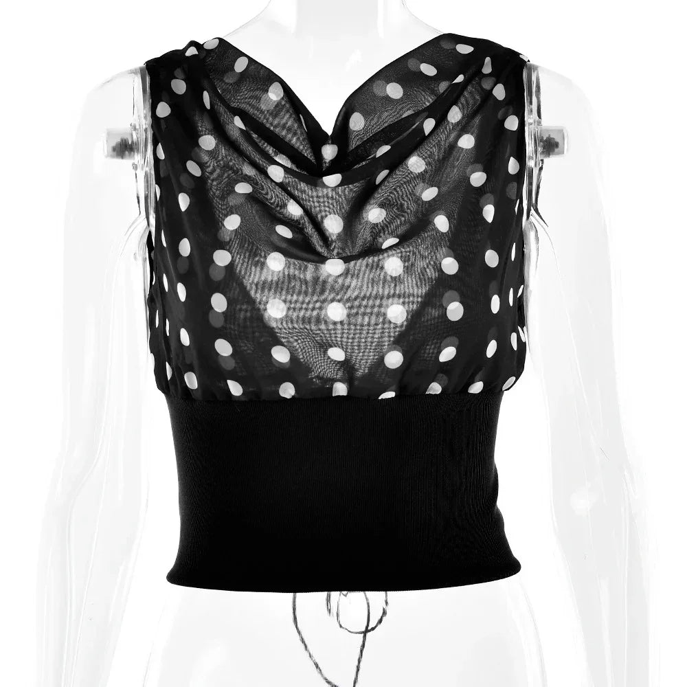 Polka Dots Print Oblique Shoulder Tops Summer Patchwork Chiffon Crop Top Women Sexy Sleeveless Lace Up Backless Blouse Casual Streetwear Tee - DanaFashionstore