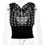 Polka Dots Print Oblique Shoulder Tops Summer Patchwork Chiffon Crop Top Women Sexy Sleeveless Lace Up Backless Blouse Casual Streetwear Tee - DanaFashionstore
