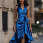 Elegant Deep V-neck Irregular Women's Ruffled Ruffled Evening Dress Gowns Solid Color Lace-up High Waist Satin Party Dresses Wedding Guests Dress - DanaFashionstore