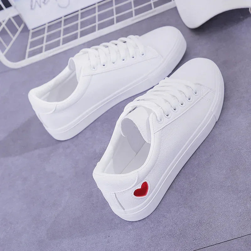 Fashion New Woman PU Leather Shoes Ladies Breathable Cute Heart Flats Casual Shoes White Sneakers - DanaFashionstore