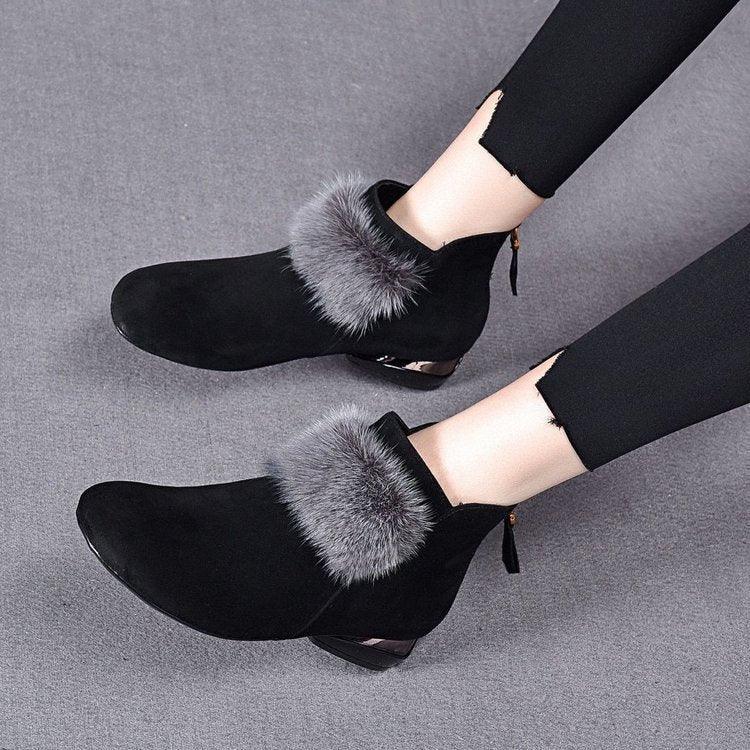 Winter Rubber Back Zipper Artificial Velboa Boots - DanaFashionstore