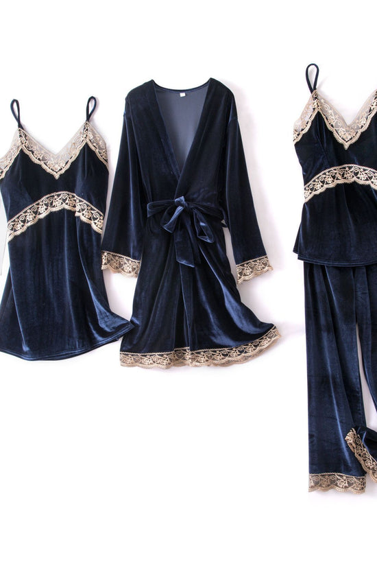 Sexy sling velvet 4-piece long-sleeved nightgown with chest pad home service women - Dana Fashion