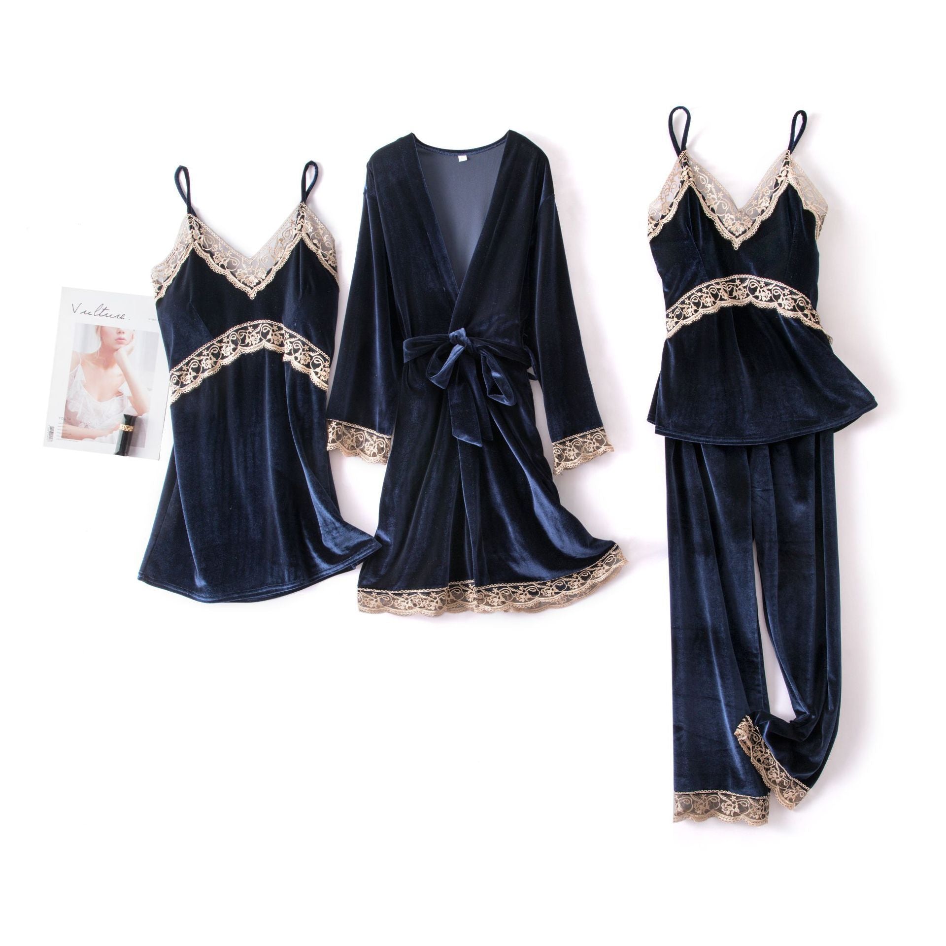 Sexy sling velvet 4-piece long-sleeved nightgown with chest pad home service women - Dana Fashion