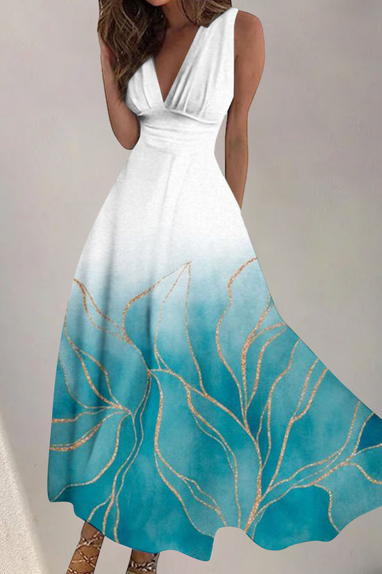 Women's Digital Printing Fashion V-neck Swing Long Dress