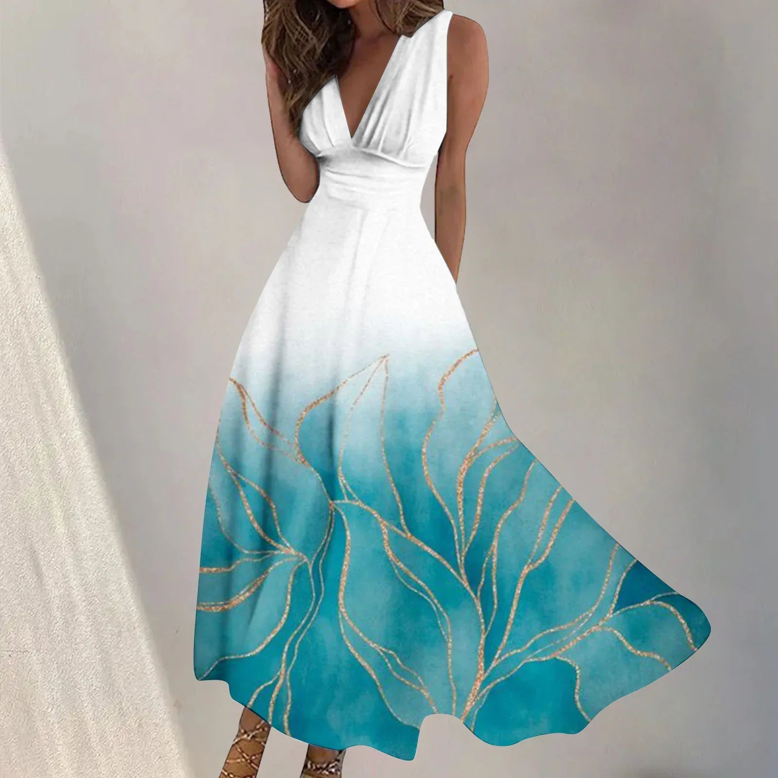 Digital Print V-Neck Swing Dress 2026 - Fashion Long Dress - DanaFashionstore