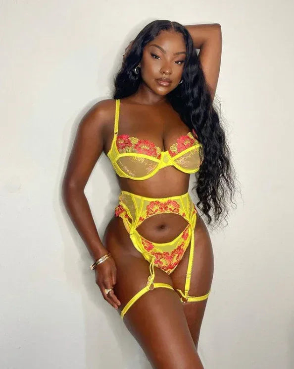 Sexy Flower Embroidery Lingerie 2026 - Three-Piece Female Set - DanaFashionstore