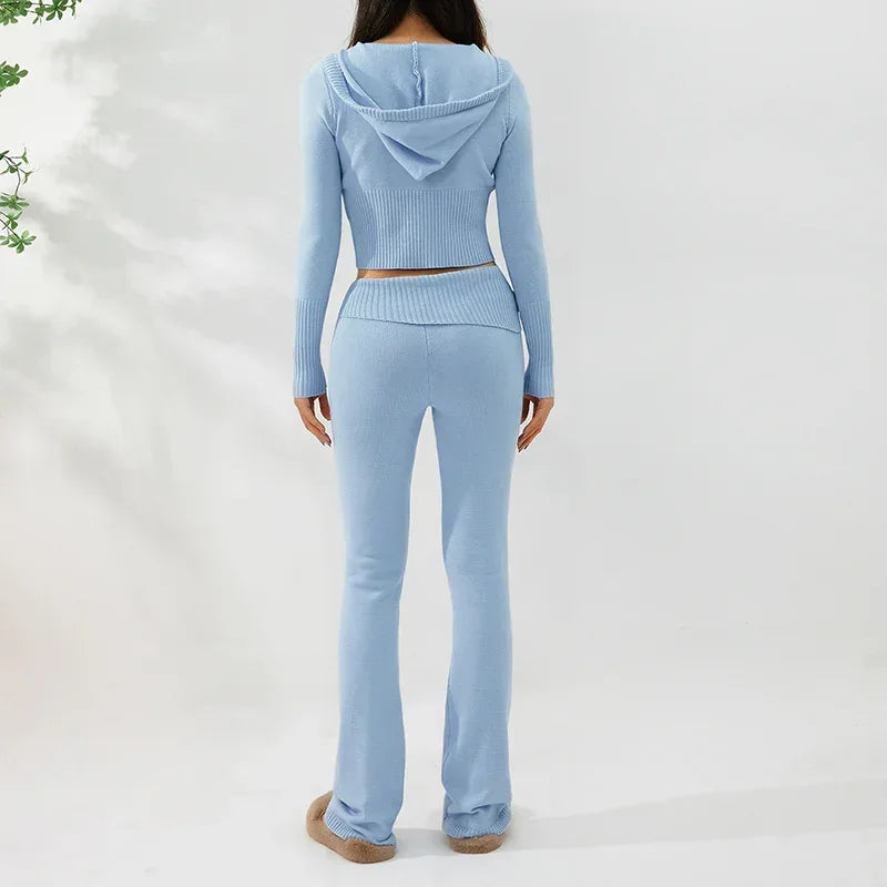 Hoodie Suit Women Leisure Sexy Zip Long Sleeve Sweater And High Waist Long Pants Set - DanaFashionstore