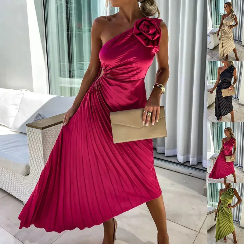 Ins Pleated One-shoulder Dress With Big Rose Flower Fashionable Sexy Evening Party Club Asymmetrical Dress - DanaFashionstore