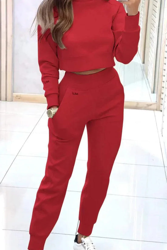 Stand Collar Sports Suit Fashion Pullover Long-sleeves Short Top And Slim Trousers With Pockets Solid Outfits Women's Clothing - DanaFashionstore