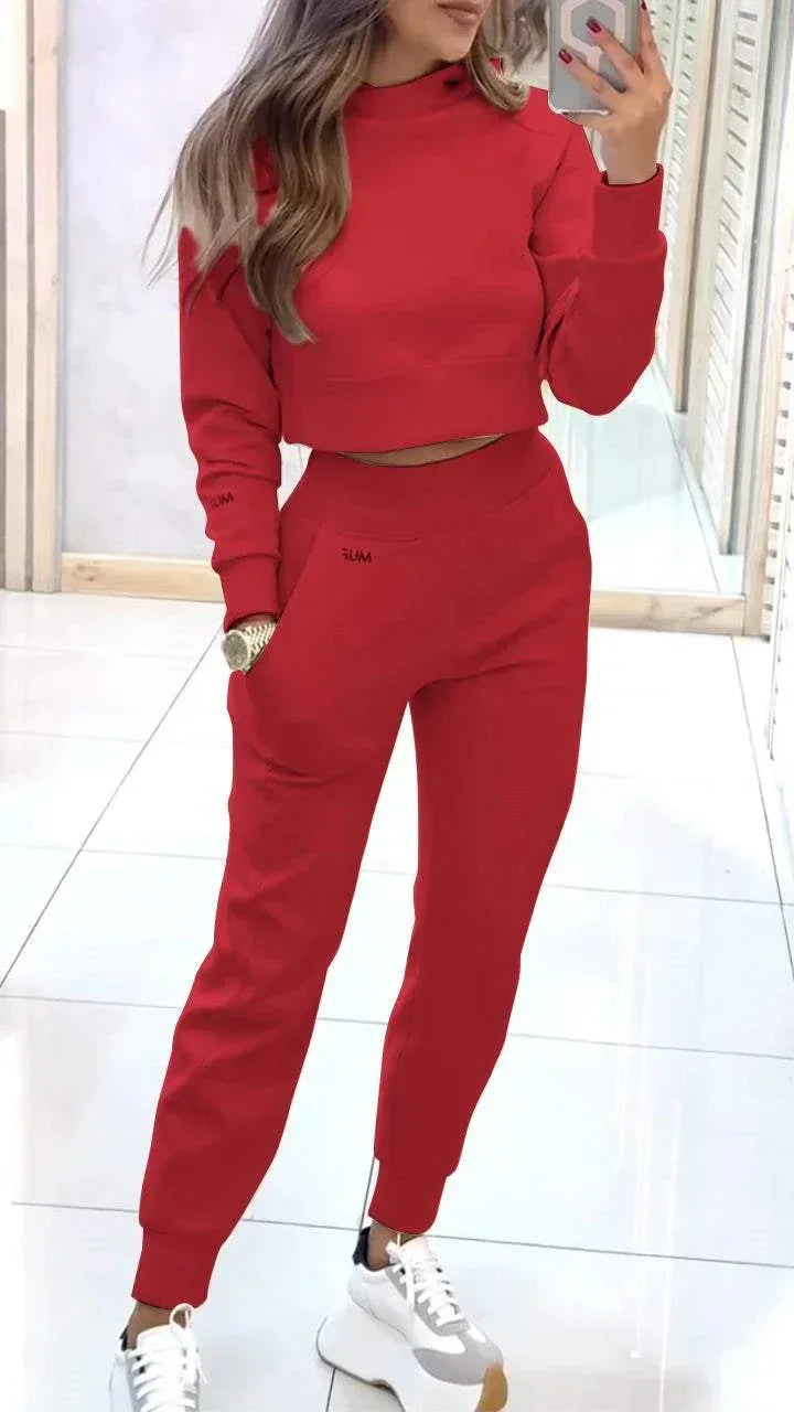 Stand Collar Sports Suit Fashion Pullover Long-sleeves Short Top And Slim Trousers With Pockets Solid Outfits Women's Clothing - DanaFashionstore