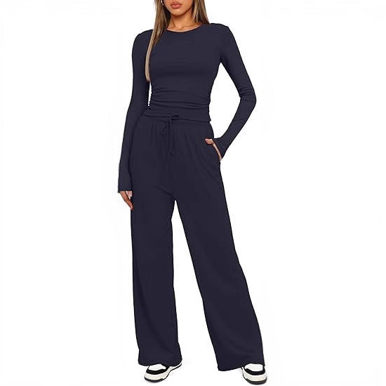 2 Pieces Women's Suit Autumn Winte Long Sleeve Tops High Waisted Wide Leg Pants Sportswear Female Clothes Solid Color Casual Suit