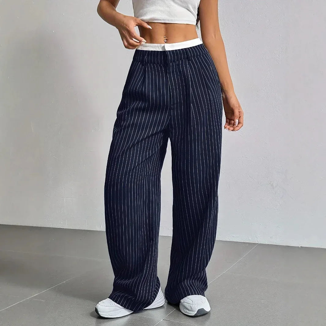Stripe Printed Trousers Fashion High Waist Straight Leg Pants With Pocket Zipper Casual Suit Pants For Women - DanaFashionstore
