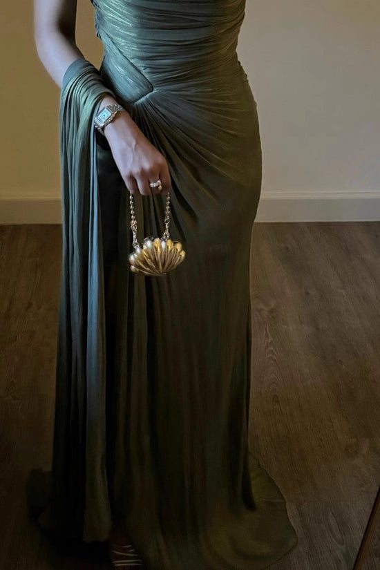 European And American Middle East Pleated Ribbon Shiny Evening Dress