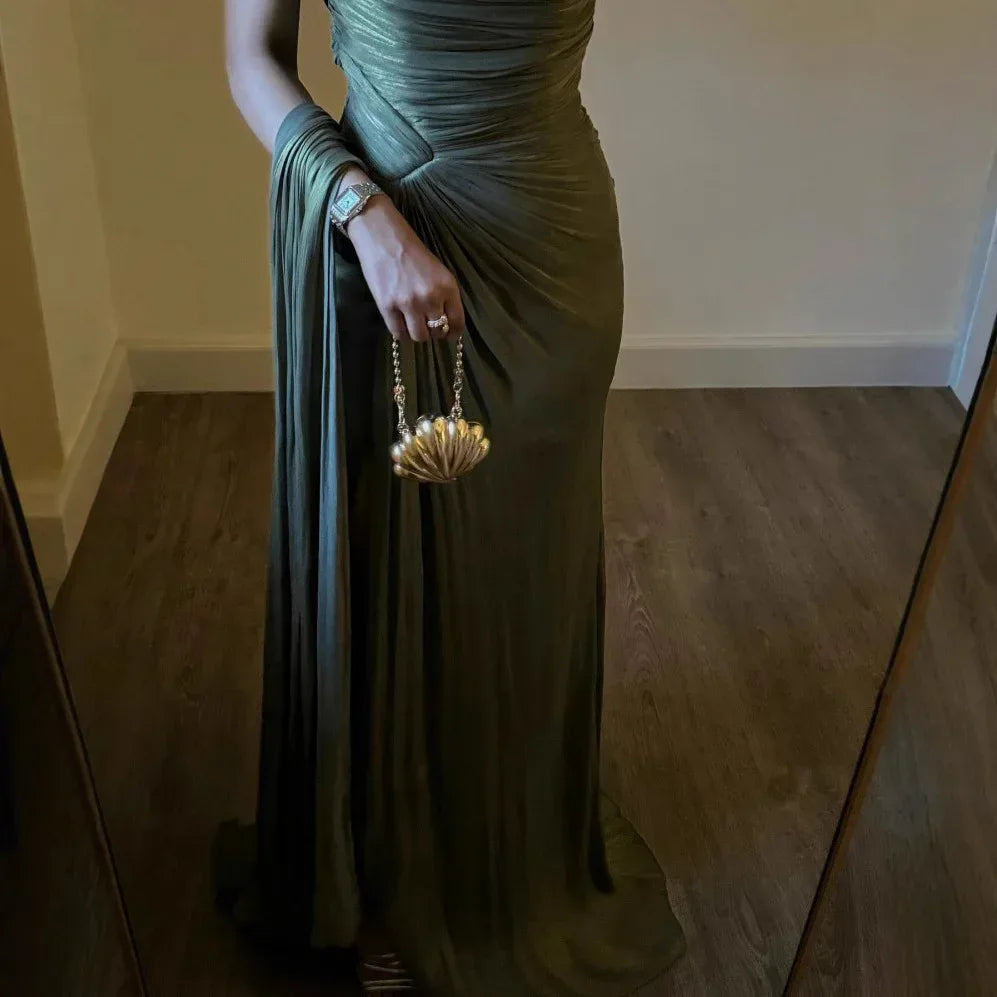 Pleated Ribbon Evening Dress 2026 - Shiny Middle East Style Dress - DanaFashionstore
