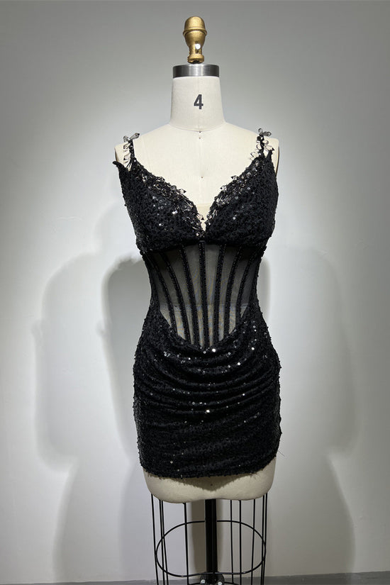 Low-cut See-through Black Paillette Strap Short Dress