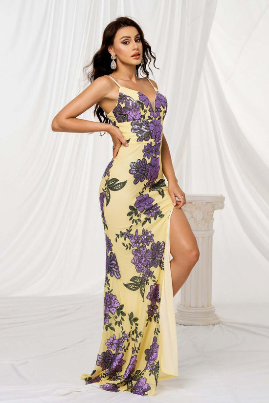 V-neck Brace Slim-fit Sheath Sequined Slit Evening Dress $104.40 Dana Fashion Color: Yellow Size: L Women's clothing Product information: Color: yellow Size: S,M,L,XL Style type: Elegant Popular elements: Sequins Style: Basic Fabric name: Polyester Craft: