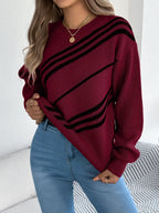 Women Casual Striped Round Neck Lantern Sleeve Long Sleeve Pullover Sweater - DanaFashionstore